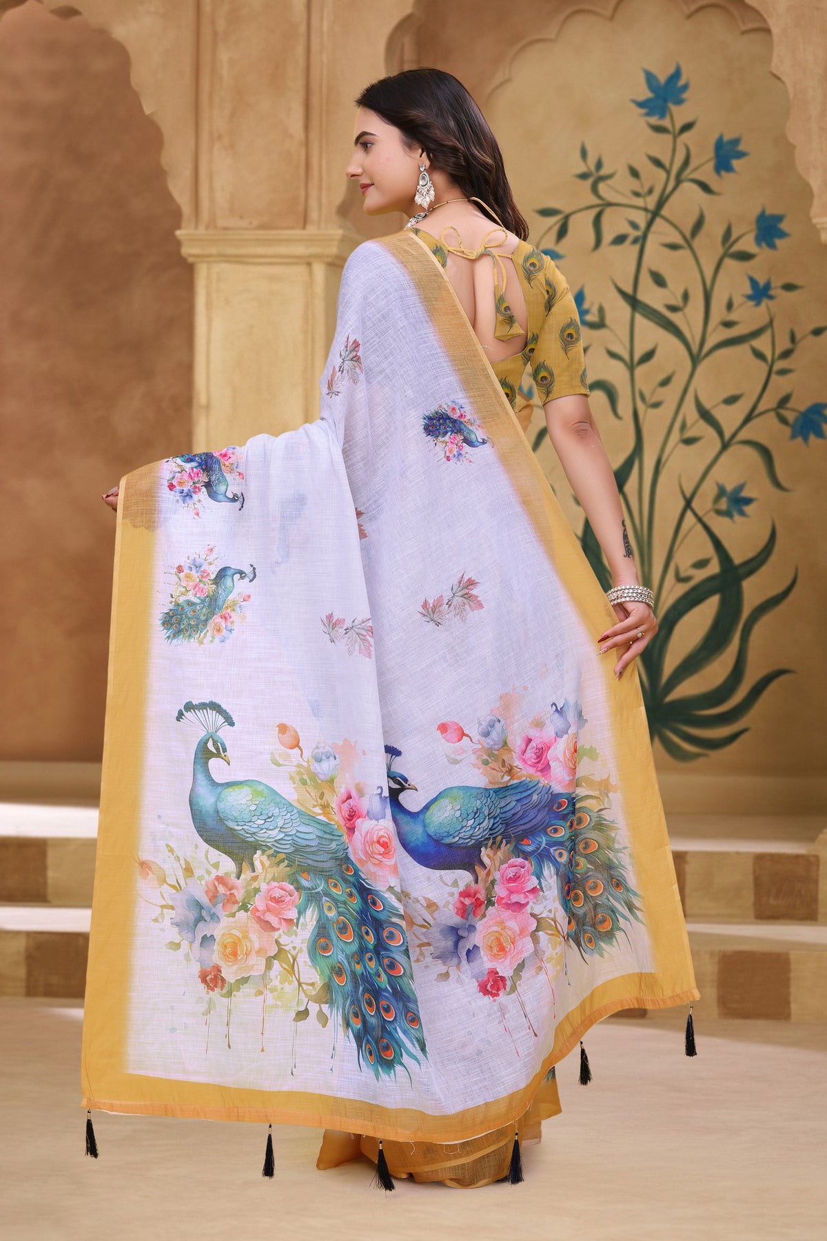 White Linen Cotton Peacock Floral Printed Saree with Blouse for Women