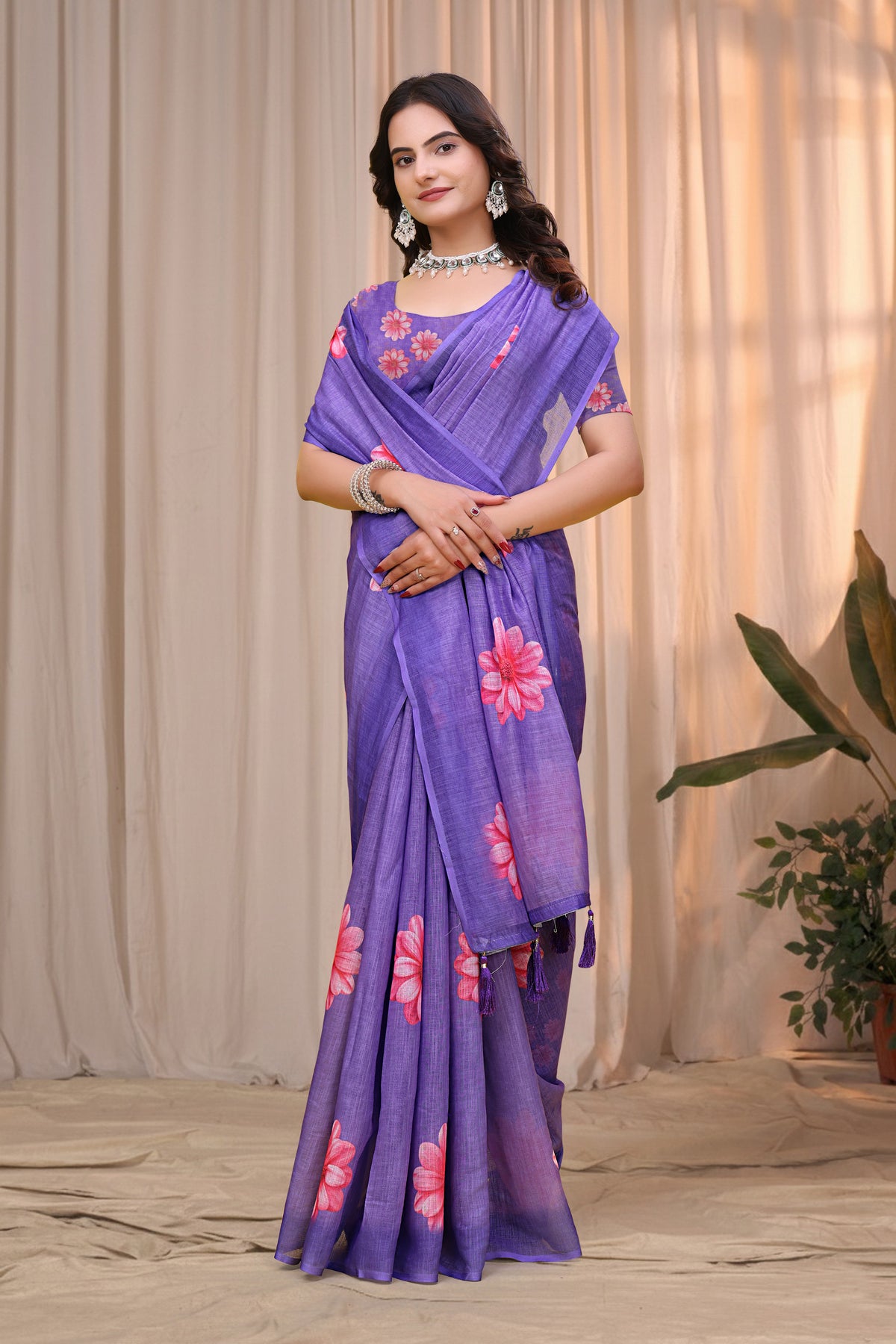 Purple Linen Cotton Floral Printed Saree with Blouse for Women