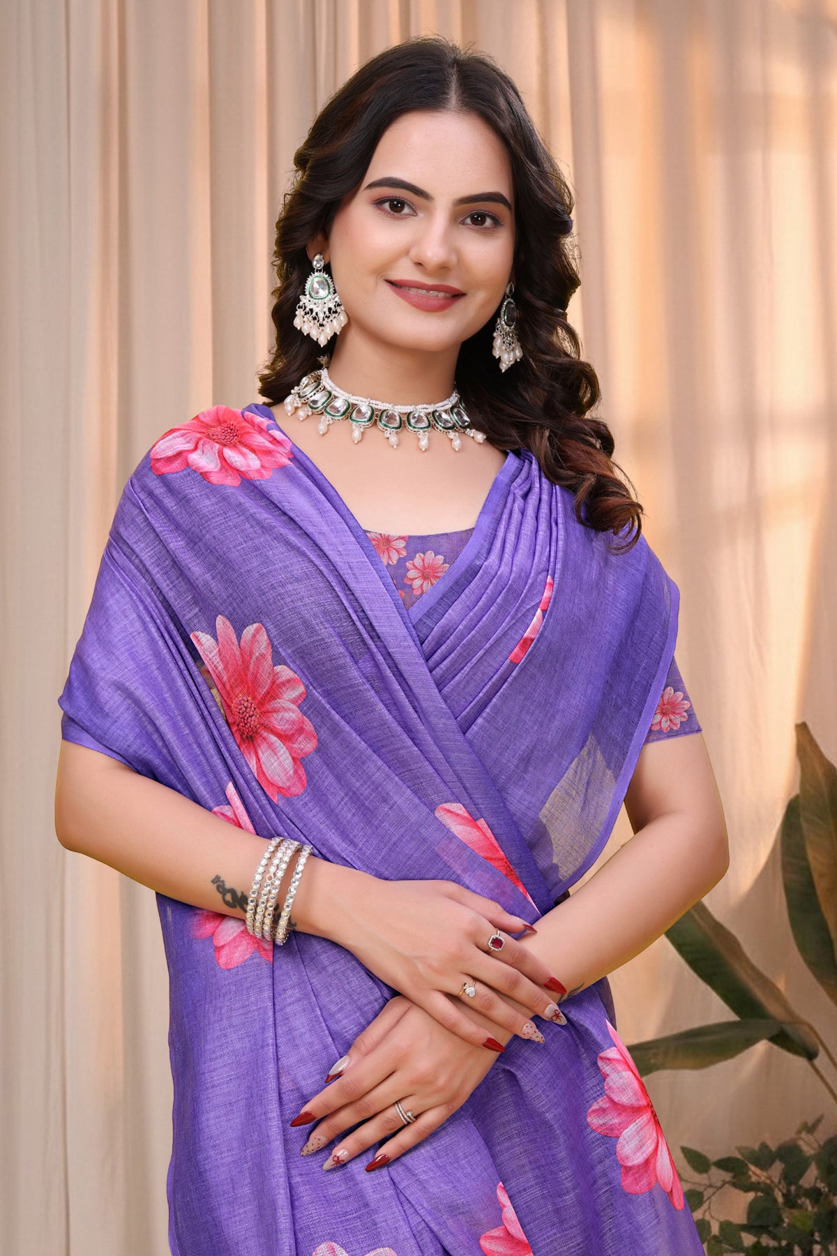 Purple Linen Cotton Floral Printed Saree with Blouse for Women