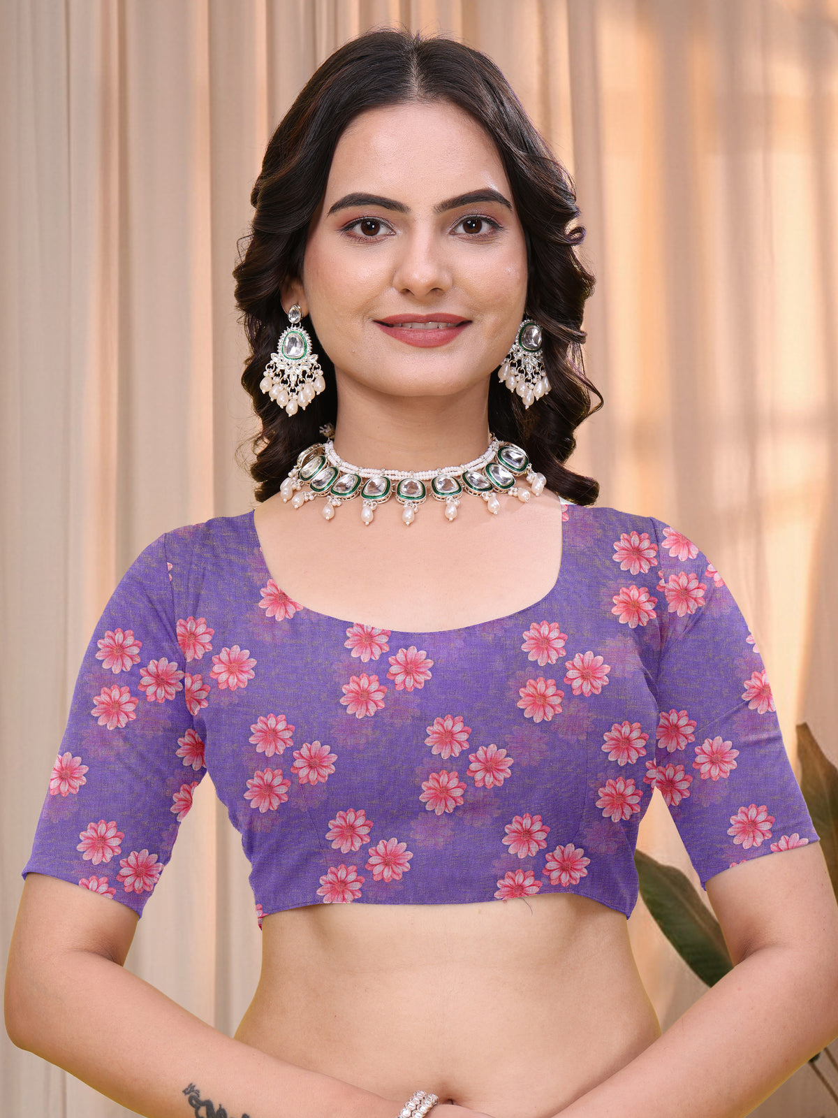 Purple Linen Cotton Floral Printed Saree with Blouse for Women