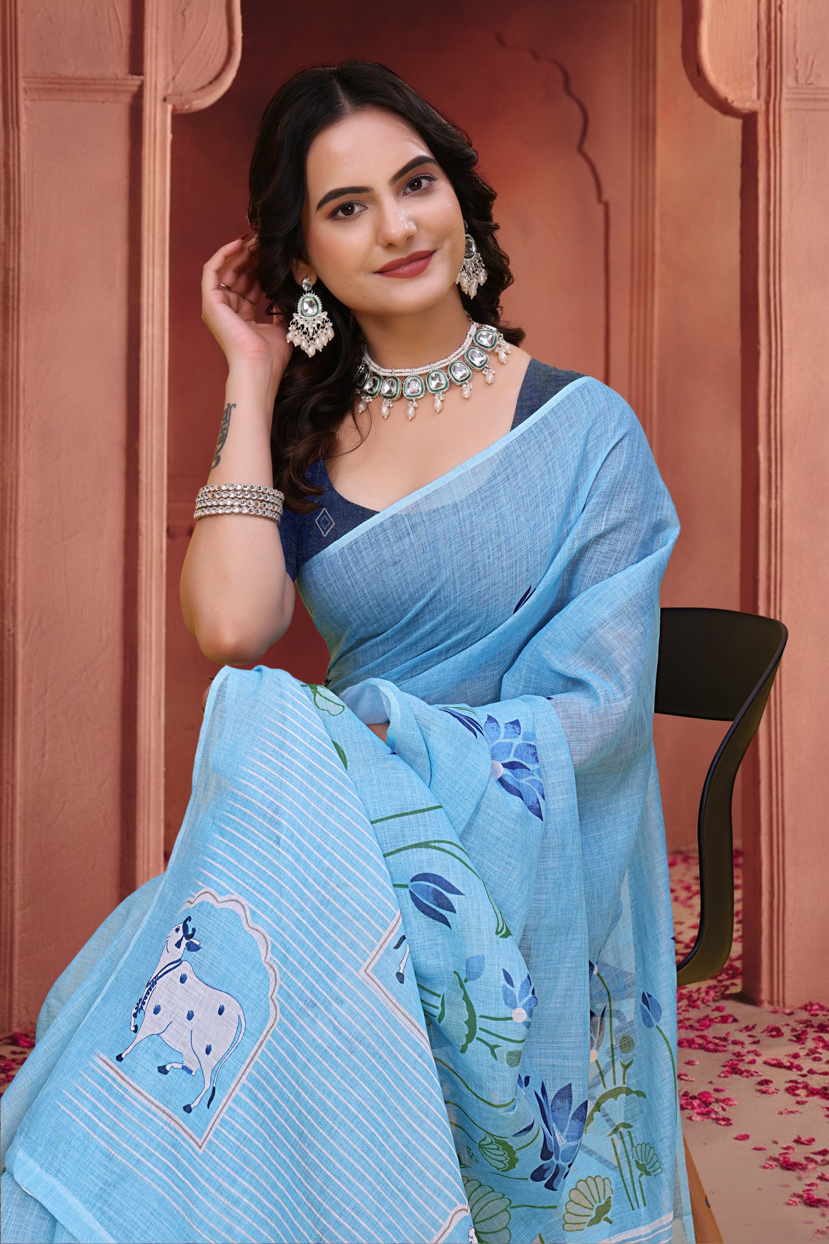 Sky Blue Linen Cotton Floral Sarees with Printed Cow Motifs for Women