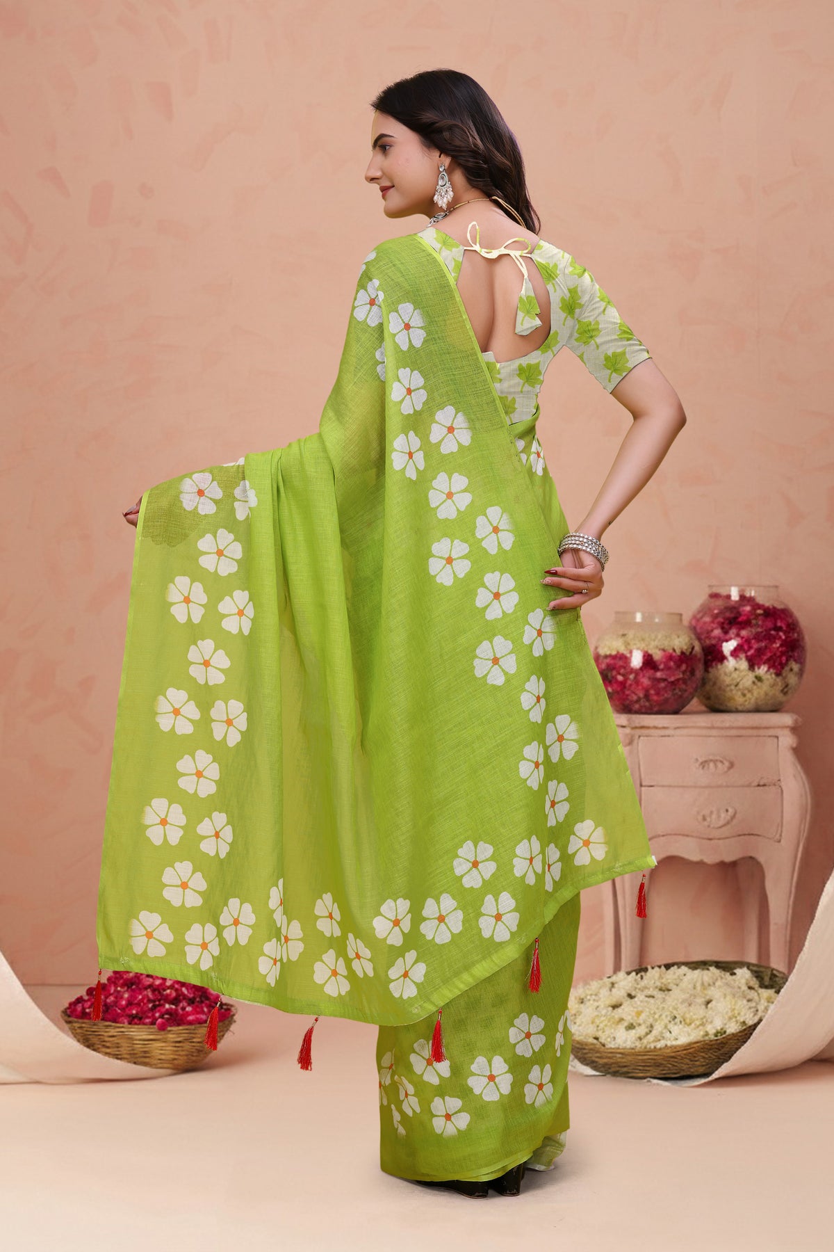 Green Floral Print Linen Cotton Saree with Tassel Detailing for Women