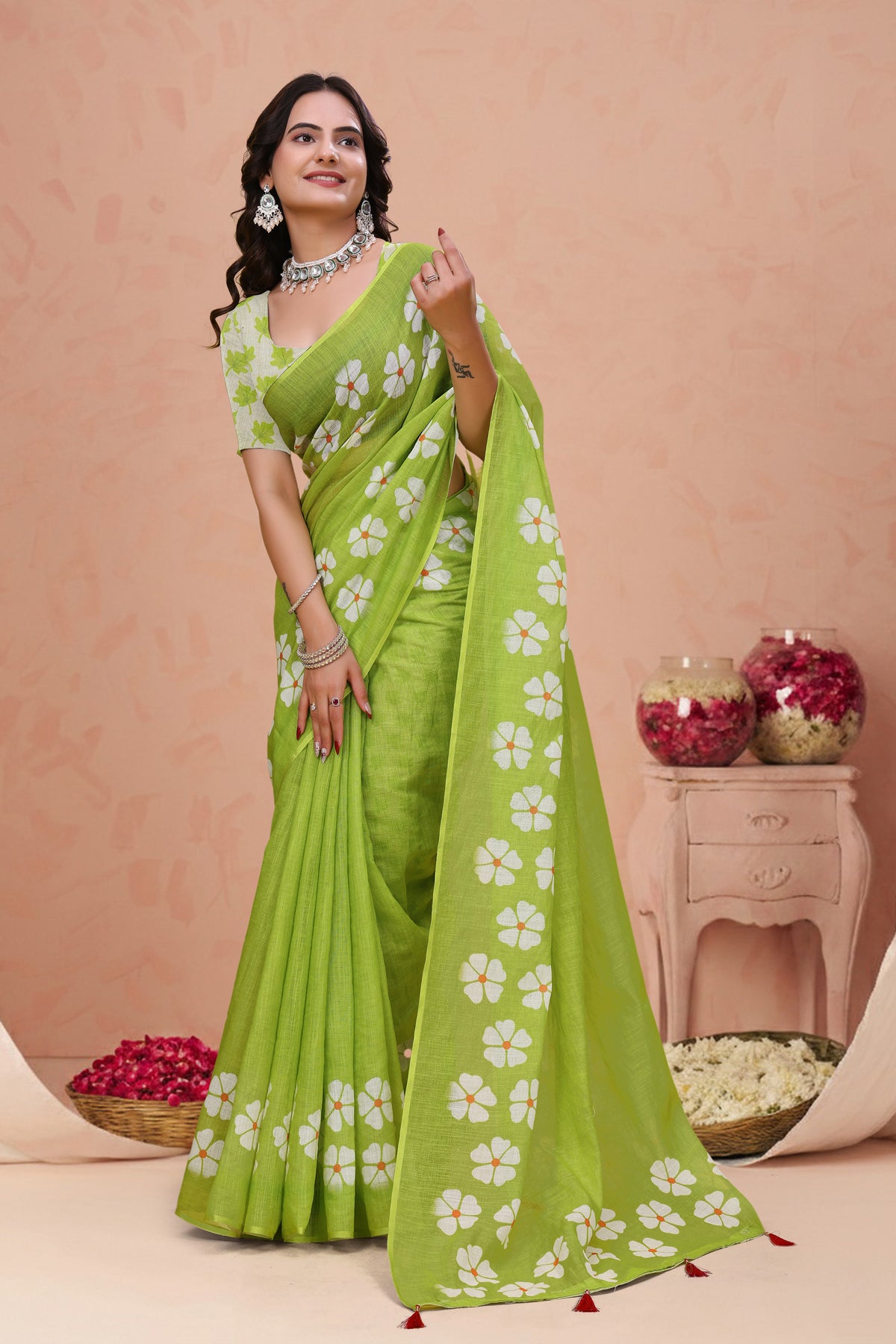 Green Floral Print Linen Cotton Saree with Tassel Detailing for Women
