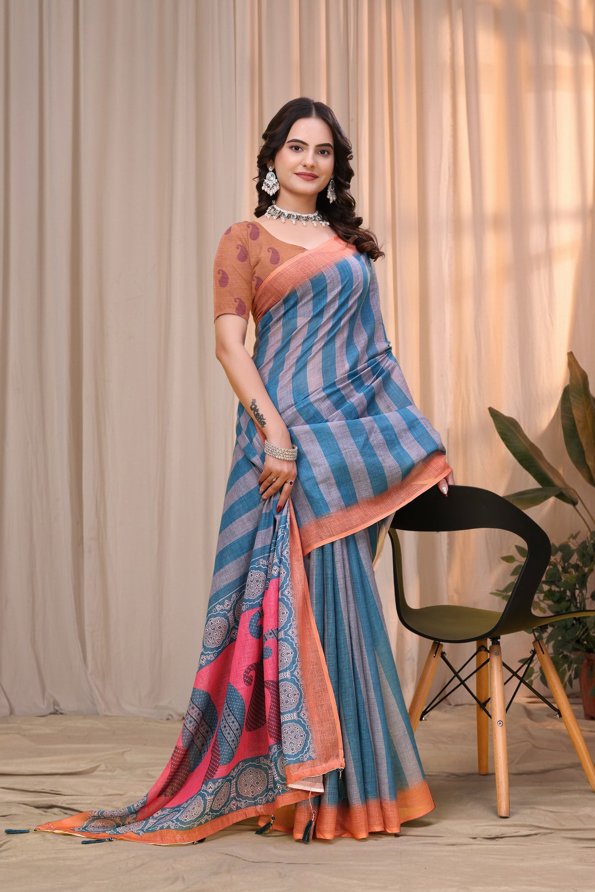 Blue Teal Linen Cotton Saree with Striped Printed Pallu for Women