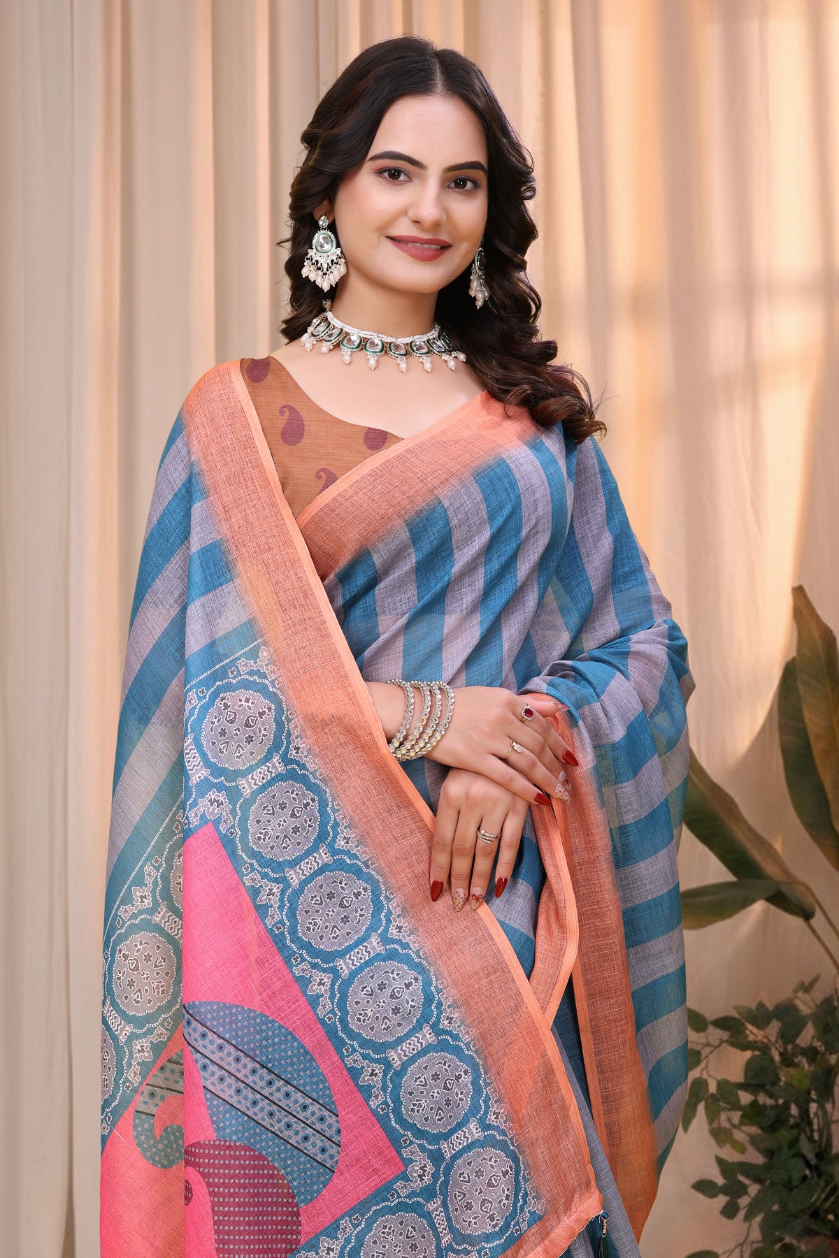 Blue Teal Linen Cotton Saree with Striped Printed Pallu for Women