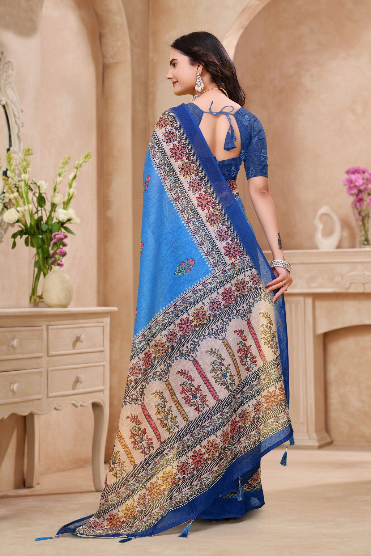Royal Blue Linen Cotton Saree with Floral Printed Border for Women