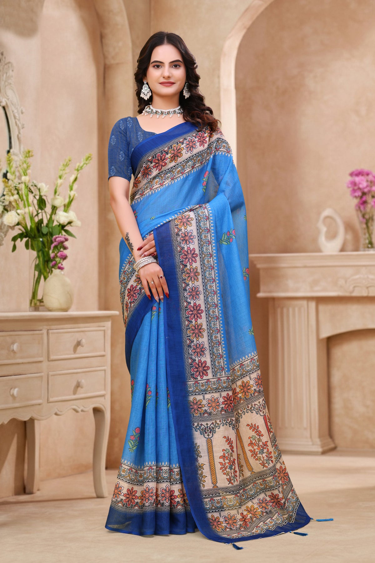 Royal Blue Linen Cotton Saree with Floral Printed Border for Women