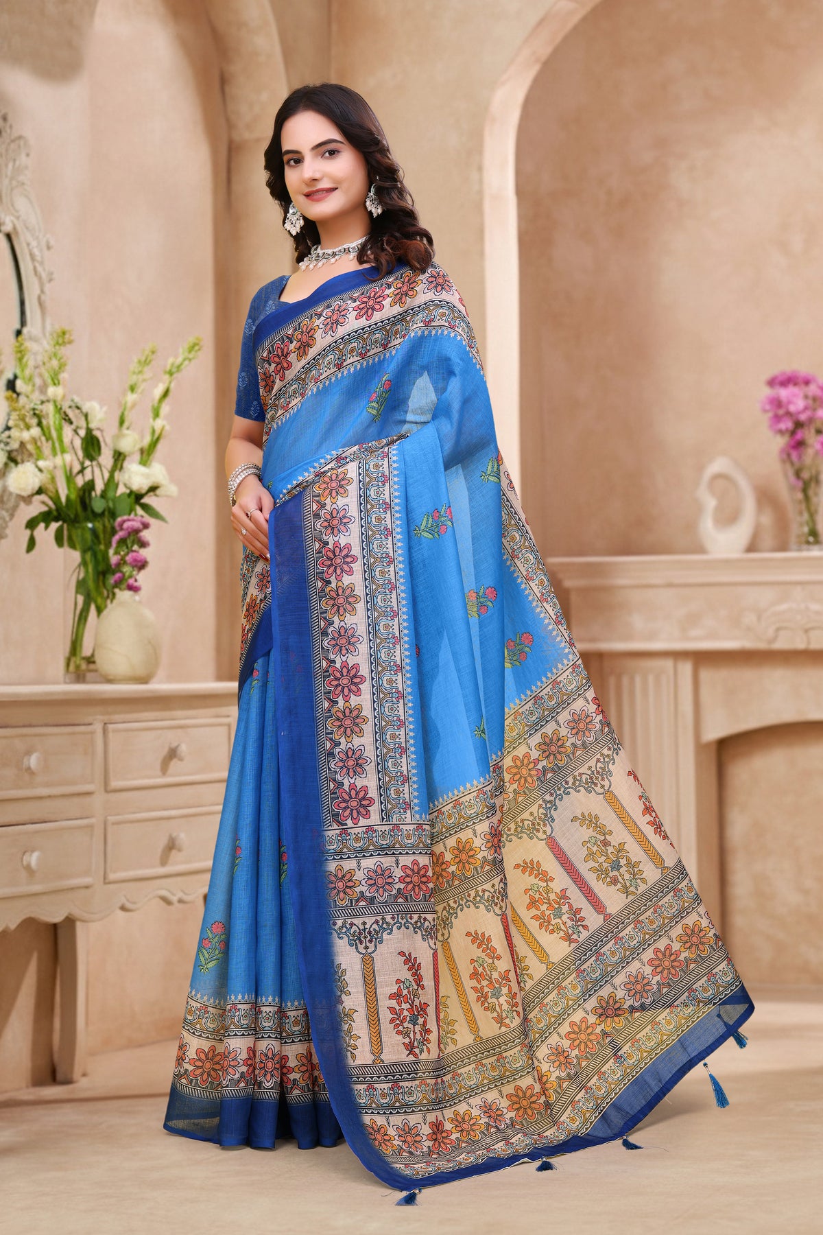 Royal Blue Linen Cotton Saree with Floral Printed Border for Women