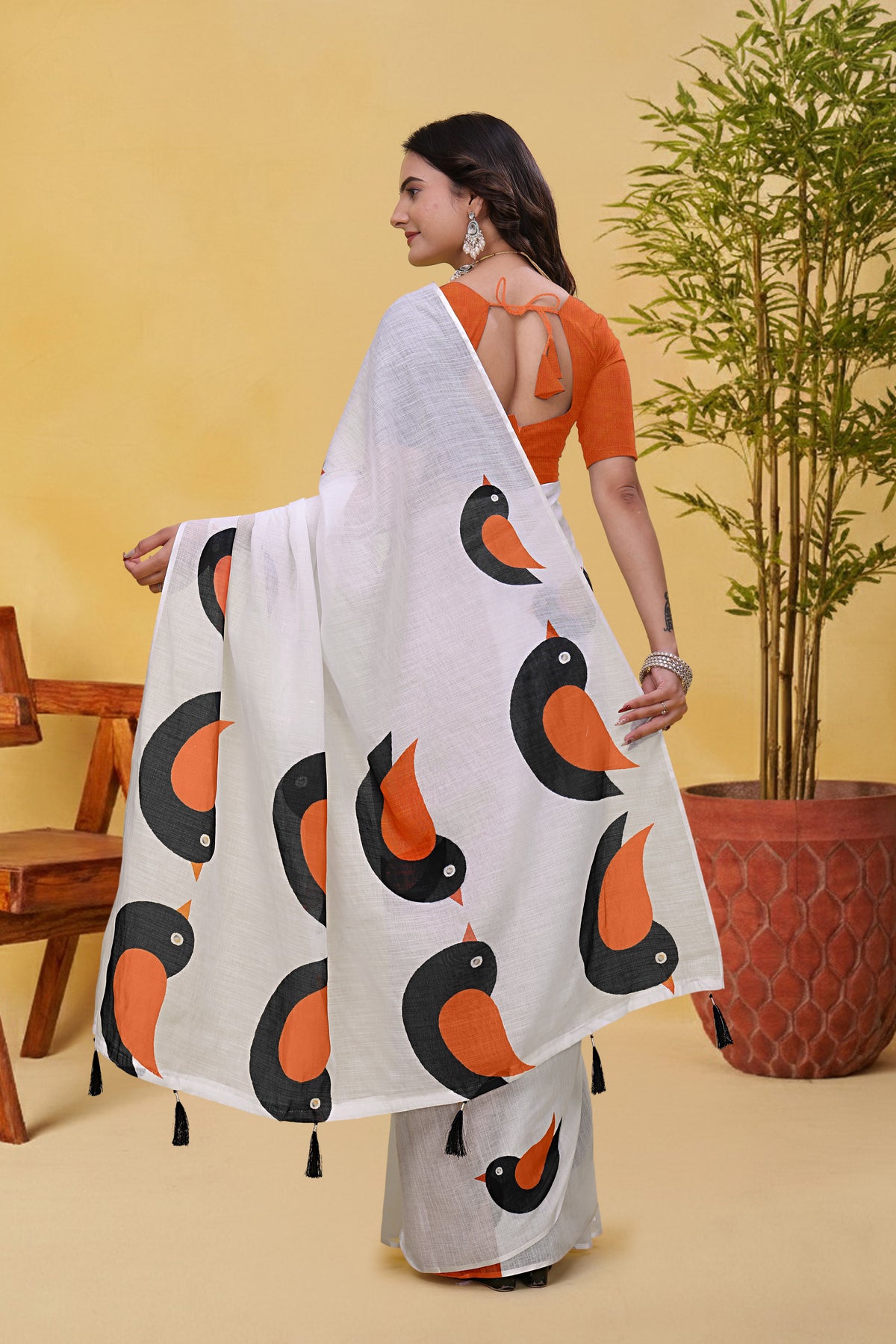White Linen Cotton Saree with Bird Motifs and Orange Border for Women