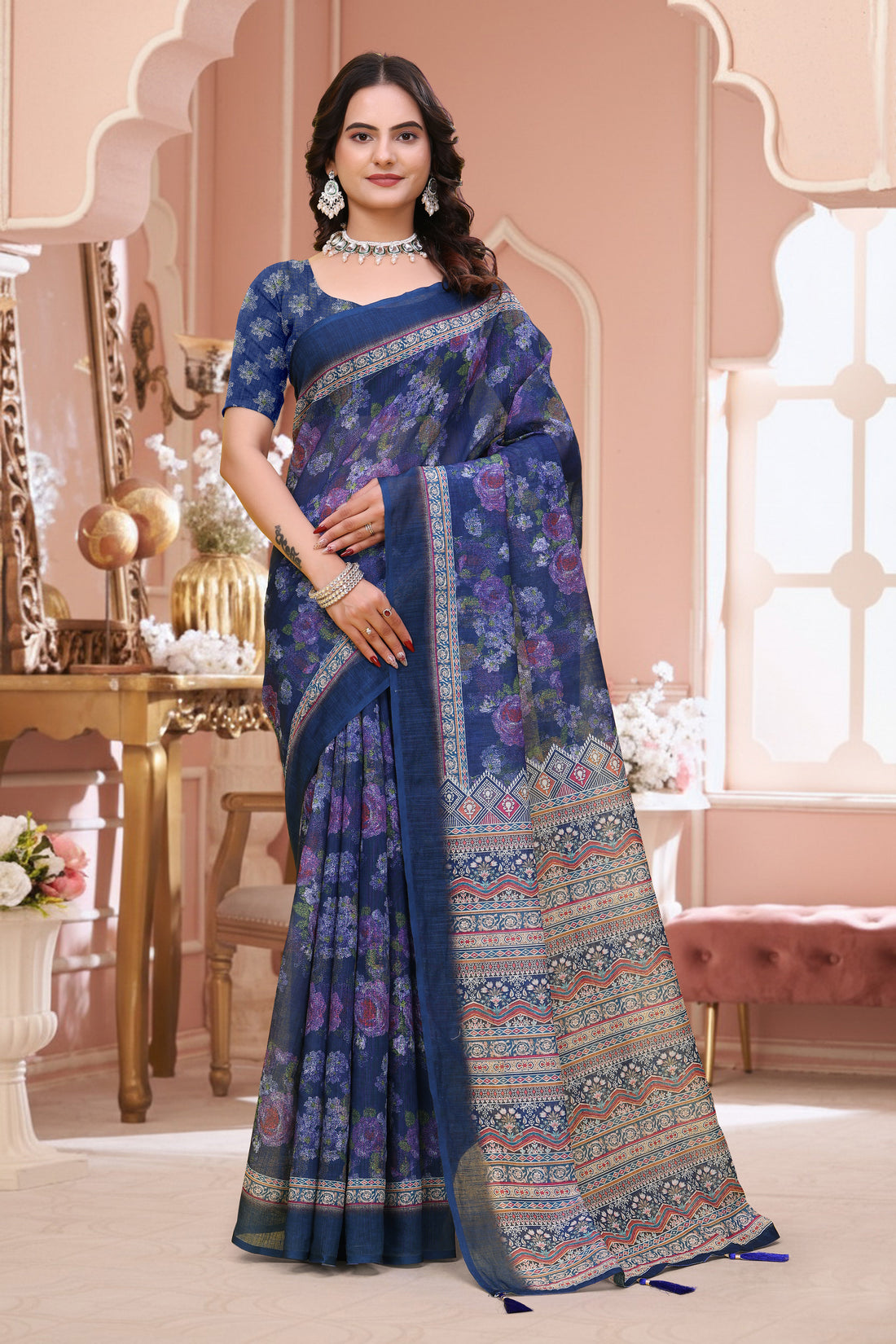 Navy Blue Floral Printed Linen Cotton Saree for Festive for Women