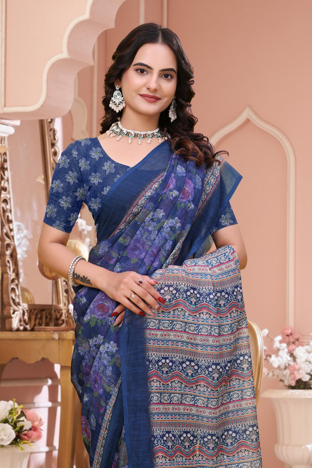 Navy Blue Floral Printed Linen Cotton Saree for Festive for Women