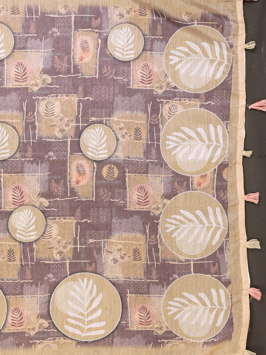 Beige Floral Chanderi Cotton Saree with Printed Borders for Women