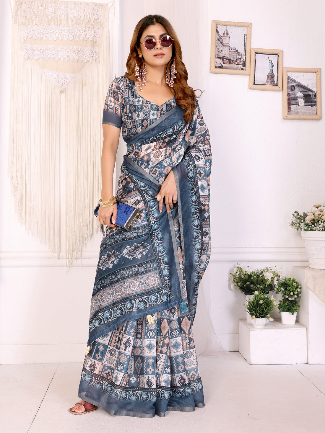 Ivory Chanderi Cotton Saree with Blue Ethnic Print Border for Women