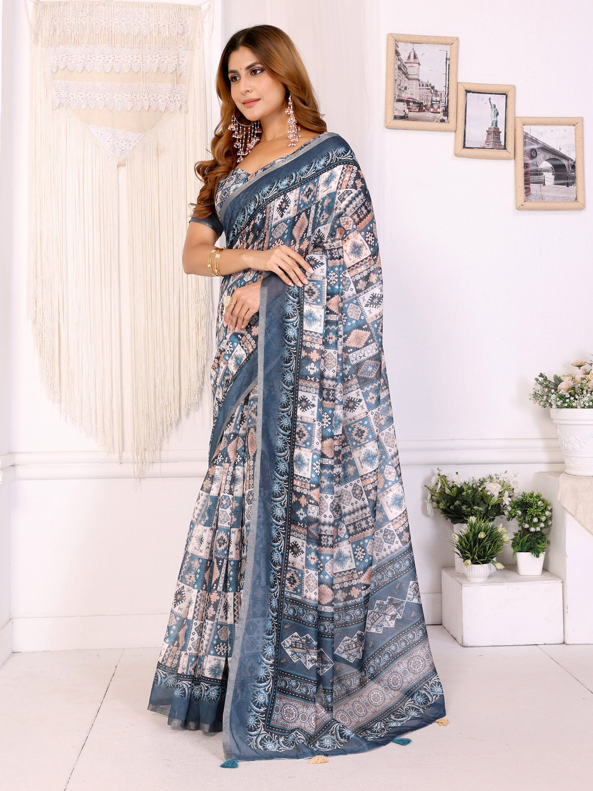 Ivory Chanderi Cotton Saree with Blue Ethnic Print Border for Women