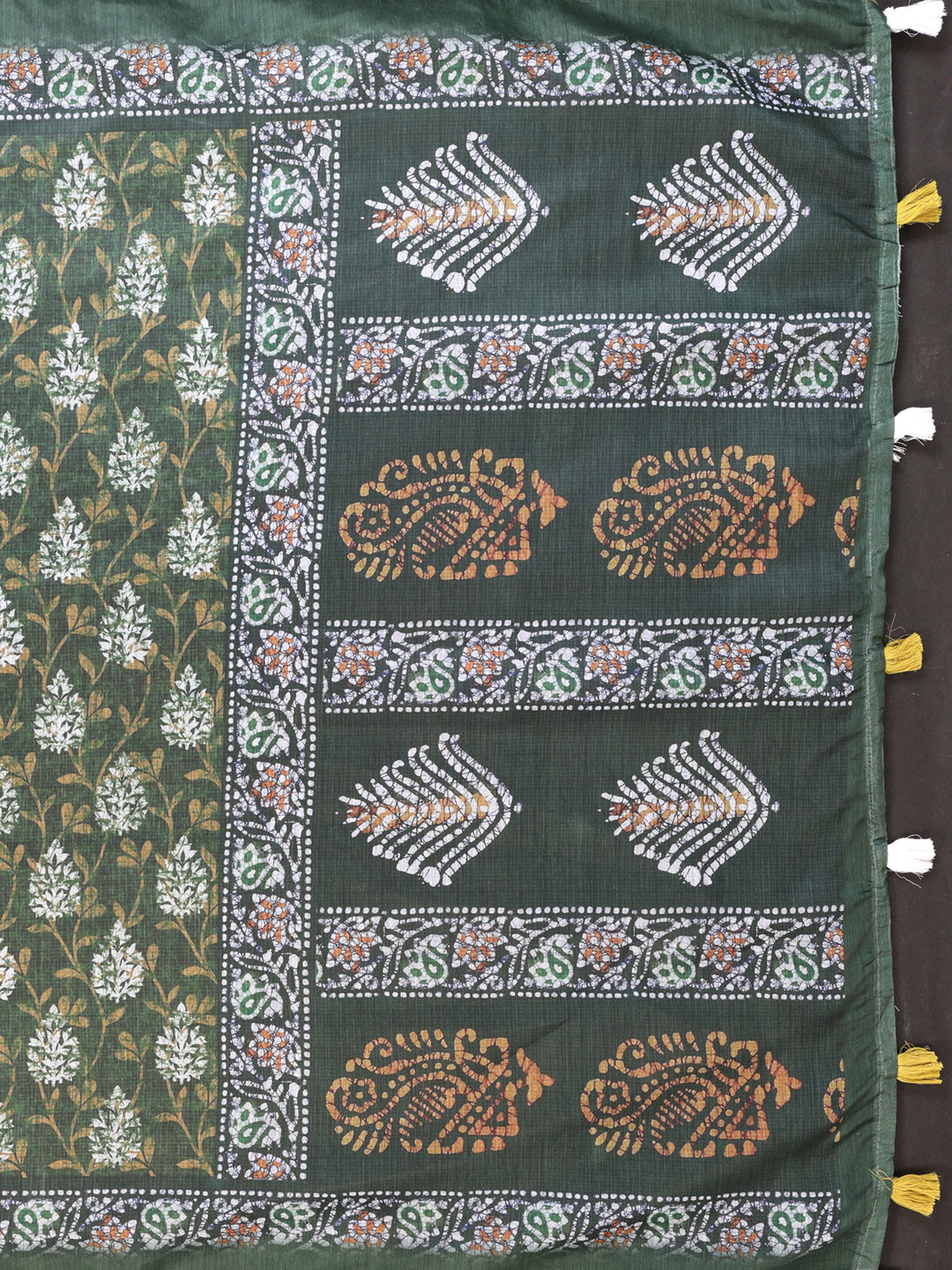 Olive Green Chanderi Cotton Botanical Print Saree for Women