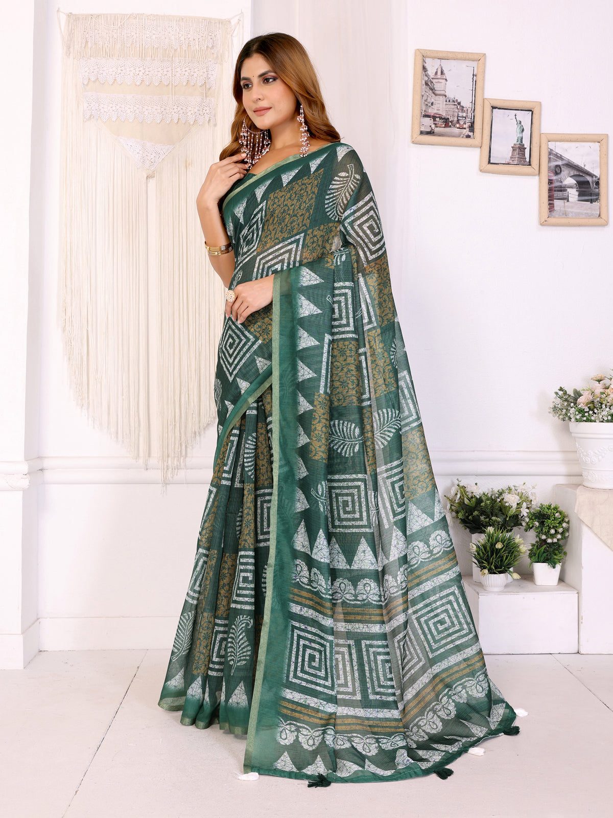 Forest Green Chanderi Cotton Geometric Print Saree Women for Women