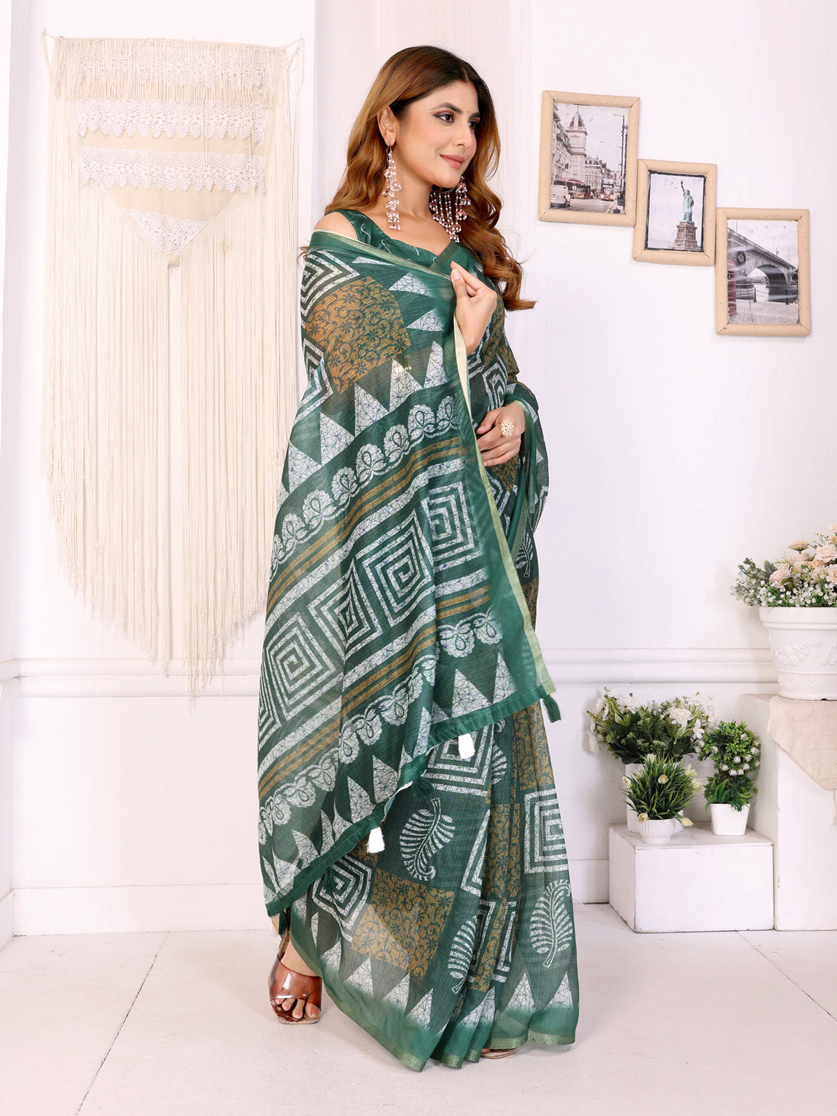Forest Green Chanderi Cotton Geometric Print Saree Women for Women