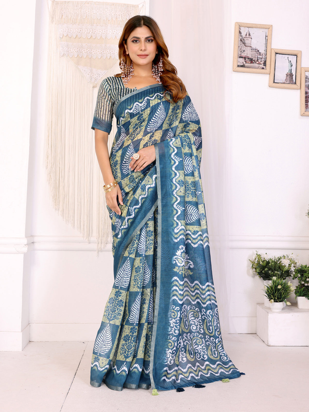Stylish Chanderi Cotton Saree in Blue Green Printed Pattern for Women