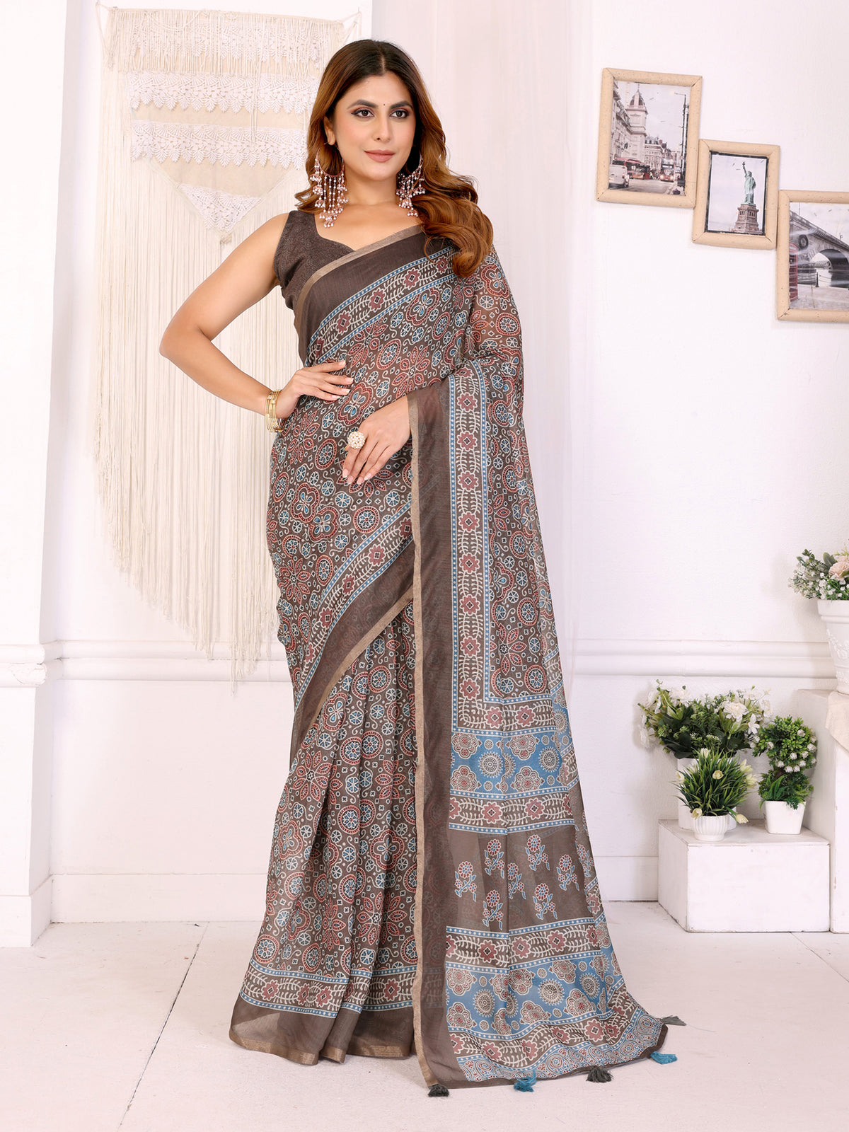 Mocha Brown Chanderi Cotton Floral Print Saree with Borders for Women