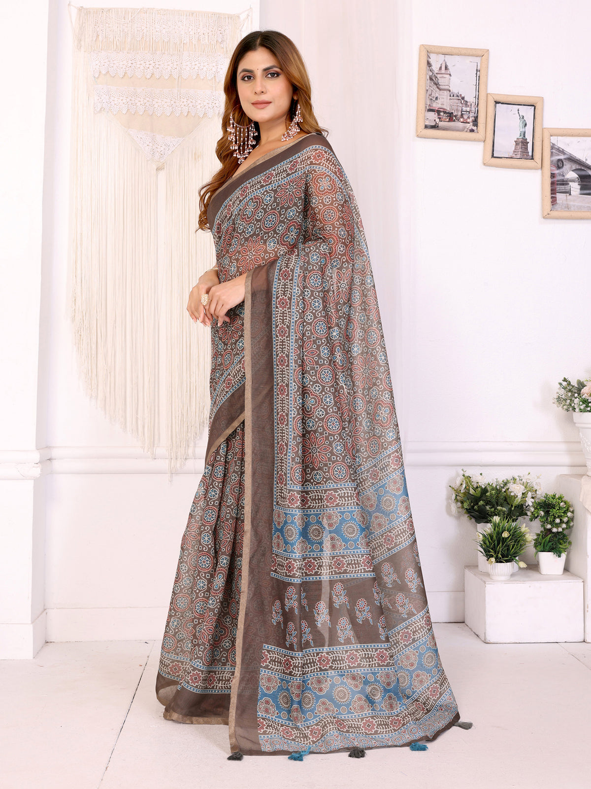 Mocha Brown Chanderi Cotton Floral Print Saree with Borders for Women
