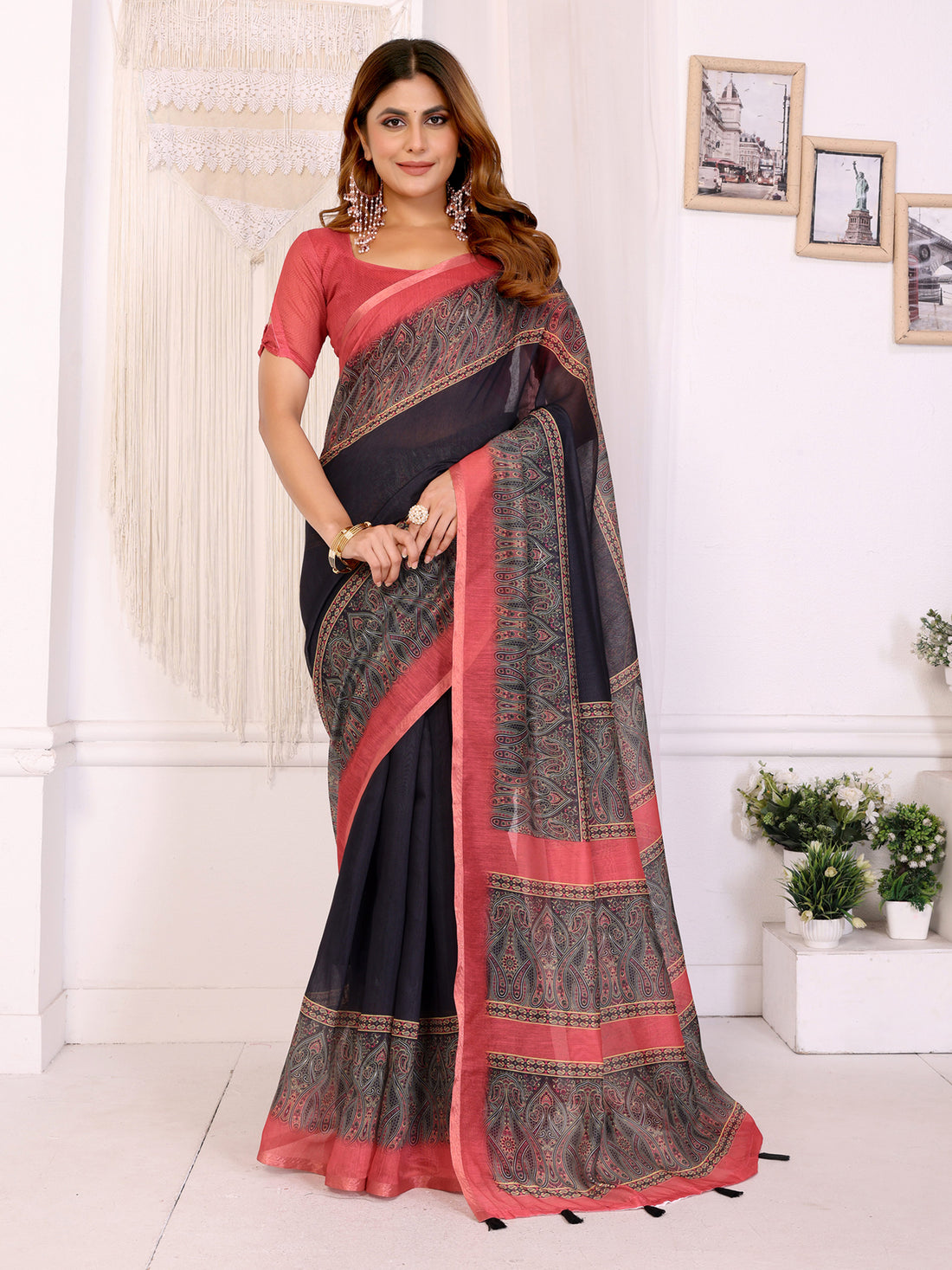 Coral Black Chanderi Cotton Paisley Print Saree with Border for Women