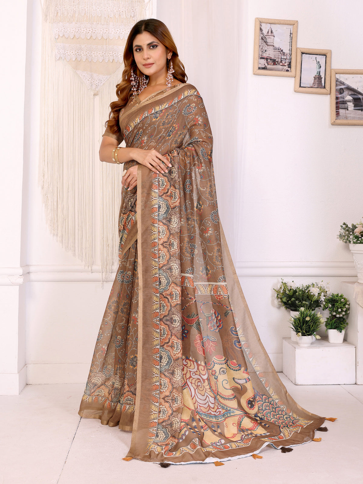 Taupe Floral Printed Chanderi Cotton Saree with Ornate Pallu