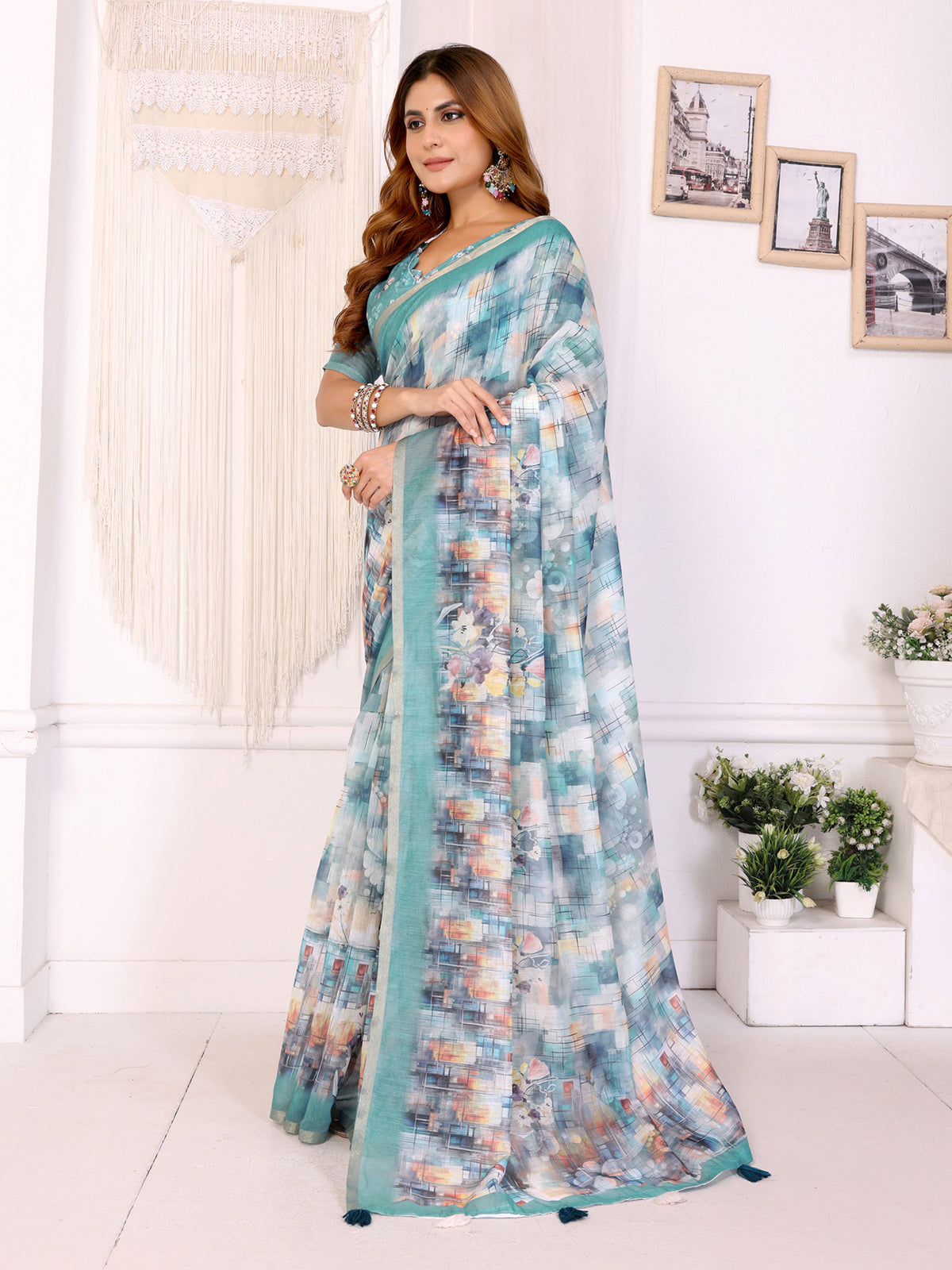 Aqua Blue Chanderi Cotton Saree with Artistic Print Designs for Women