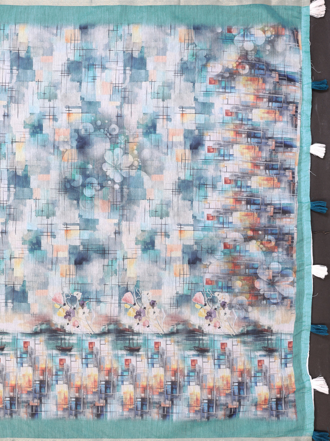 Aqua Blue Chanderi Cotton Saree with Artistic Print Designs for Women