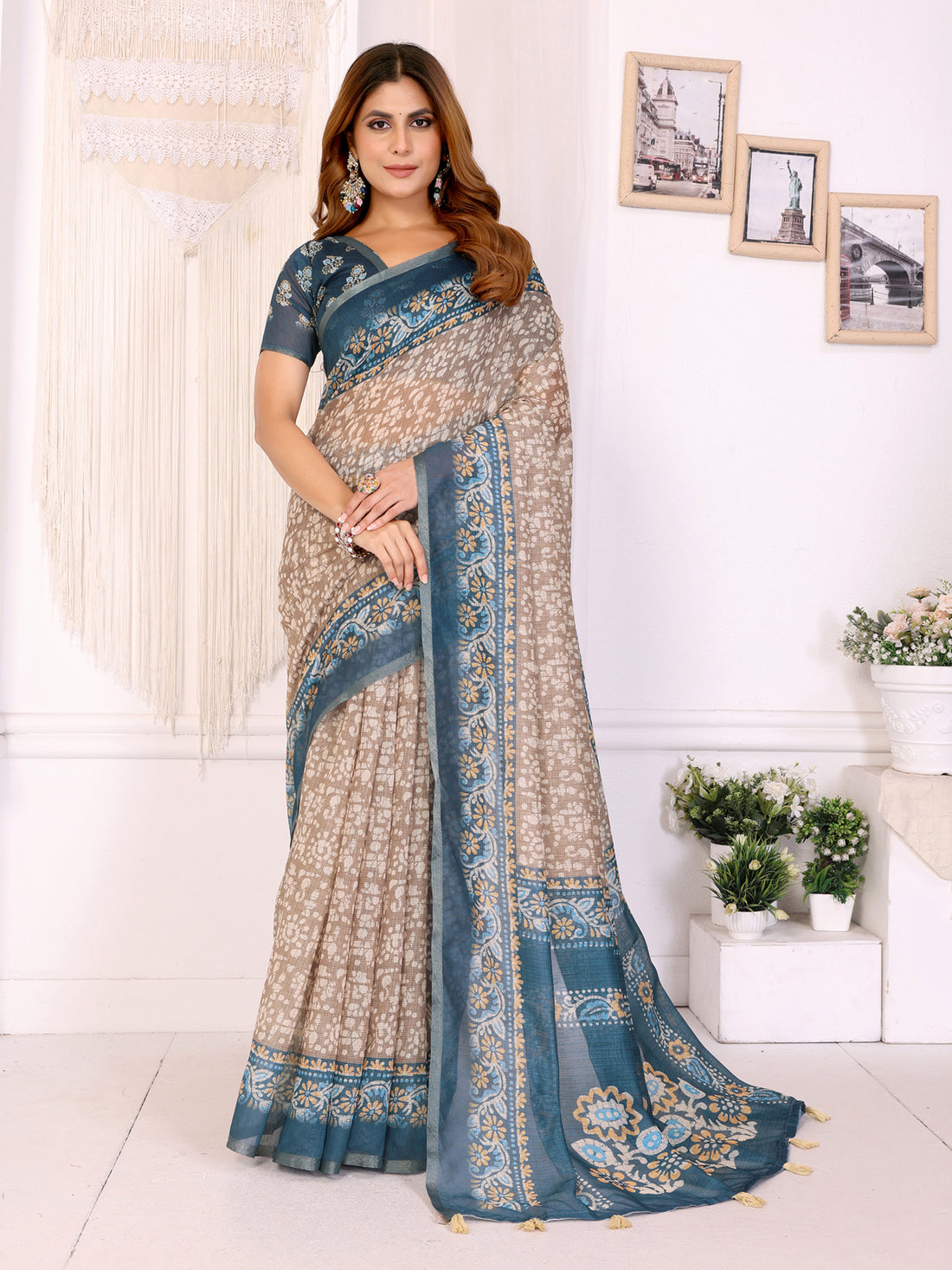 Blue Beige Floral Printed Chanderi Cotton Saree’s for Women