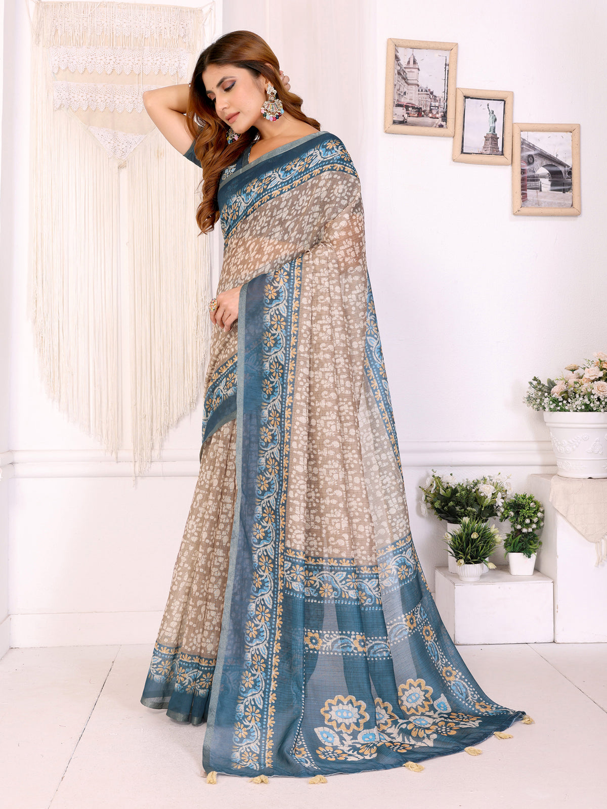 Blue Beige Floral Printed Chanderi Cotton Saree’s for Women