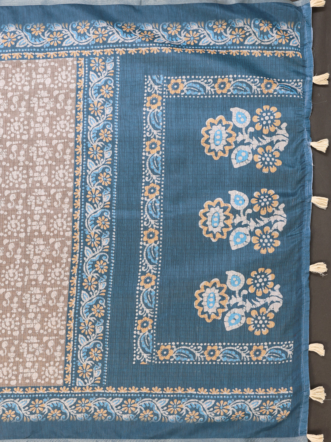 Blue Beige Floral Printed Chanderi Cotton Saree’s for Women