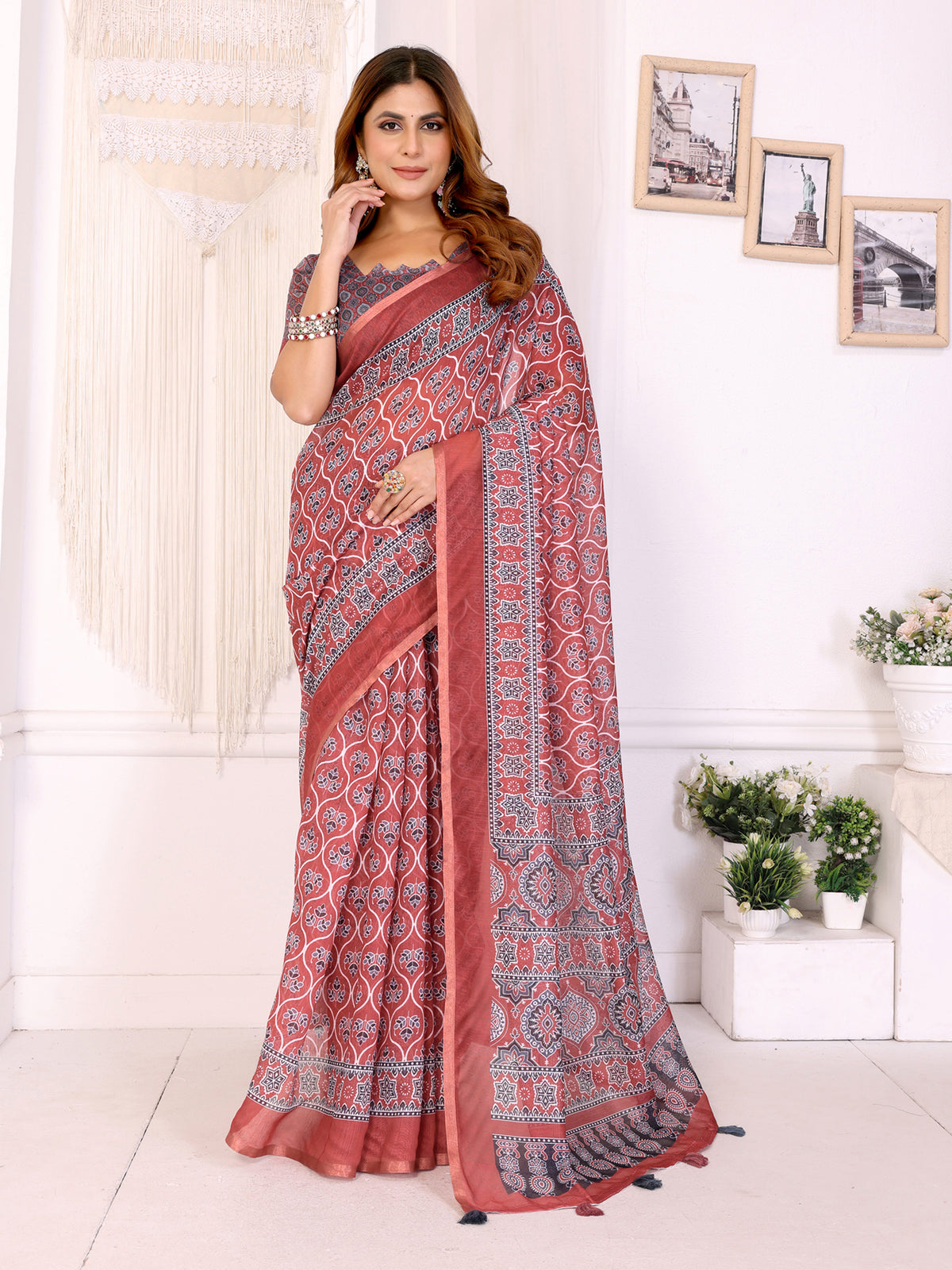 Rust Printed Chanderi Cotton Saree with Traditional Borders for Women