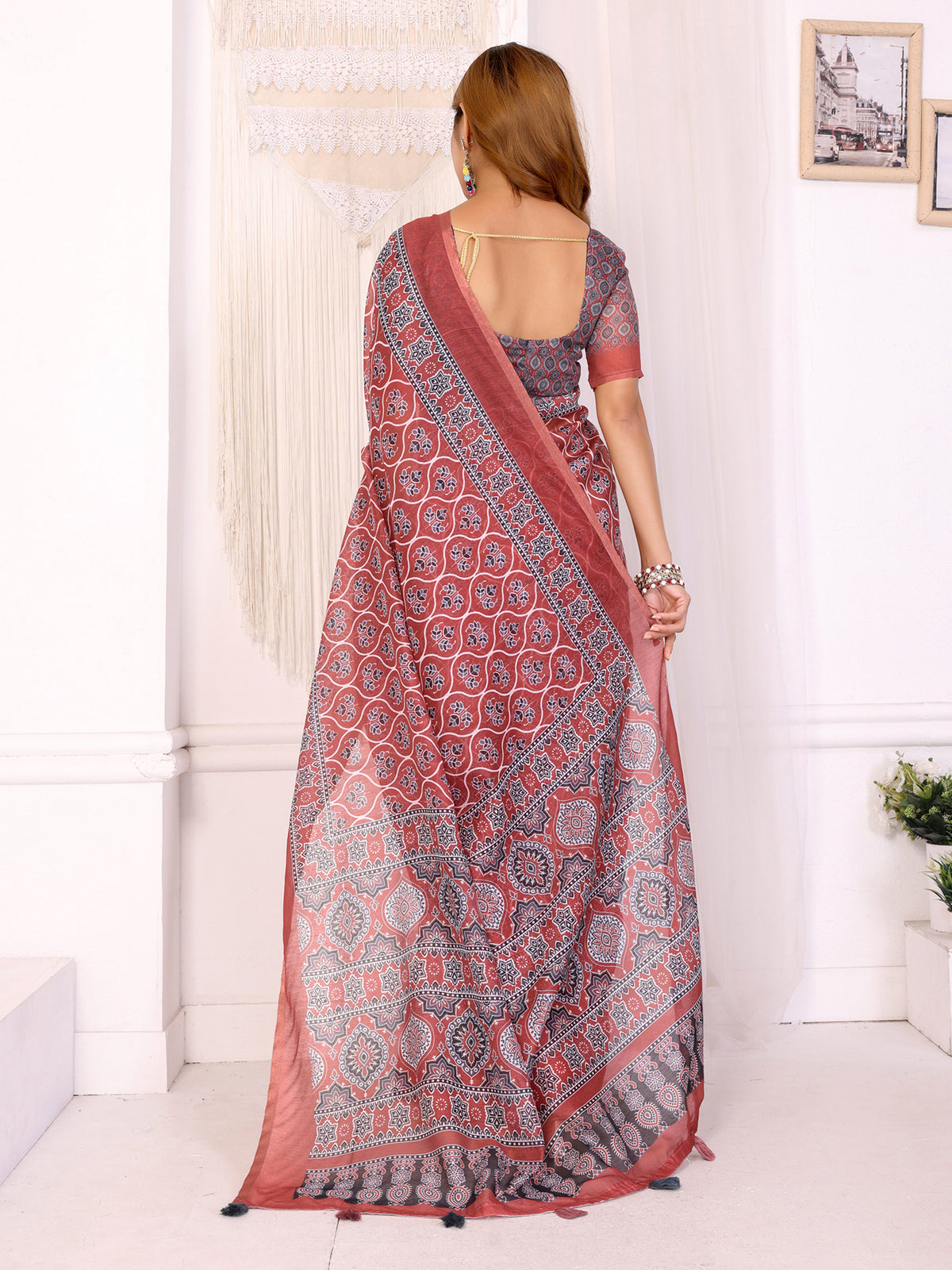 Rust Printed Chanderi Cotton Saree with Traditional Borders for Women
