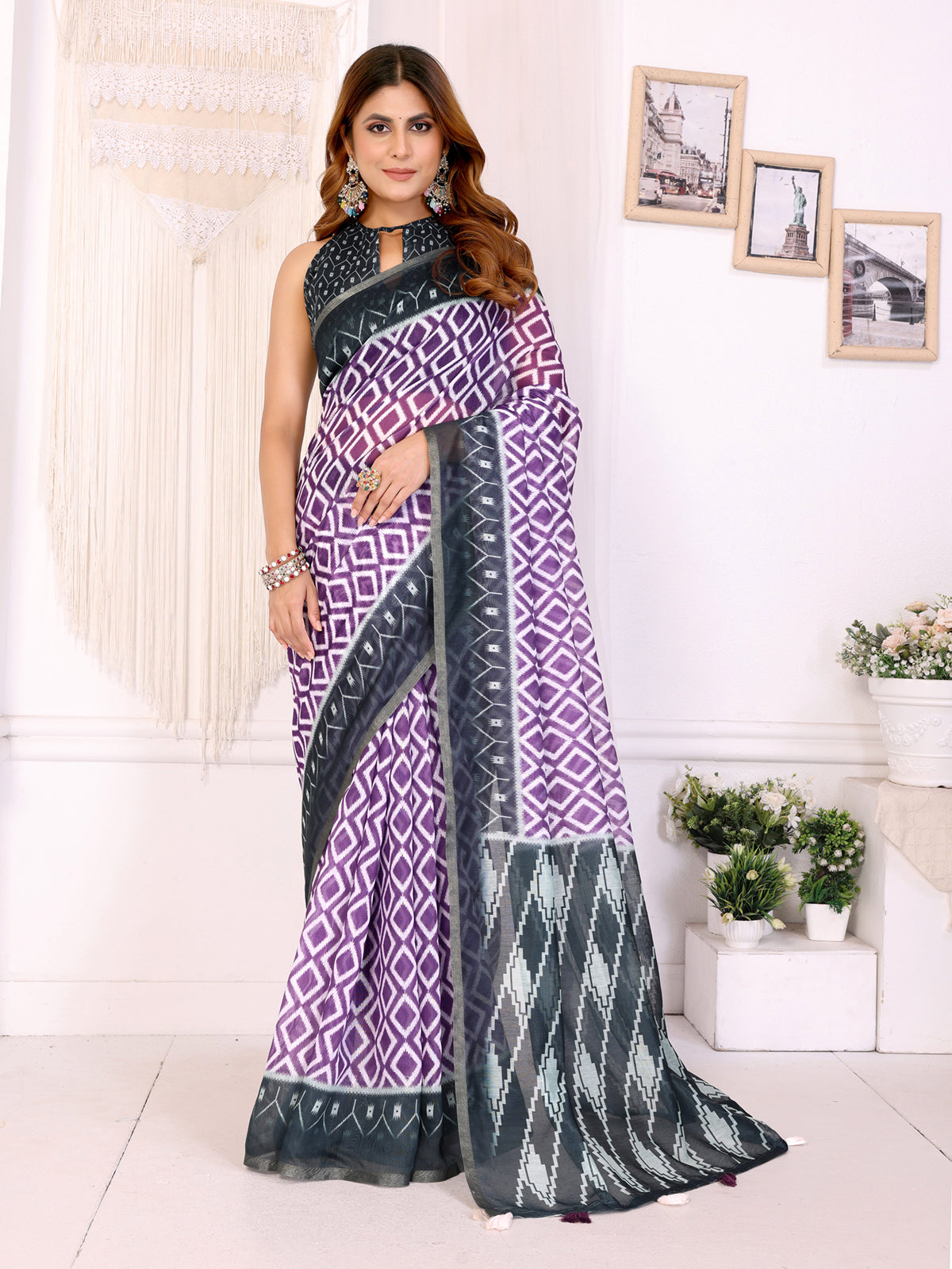 Purple Geometric Chanderi Cotton Saree with Contrast Border for Women