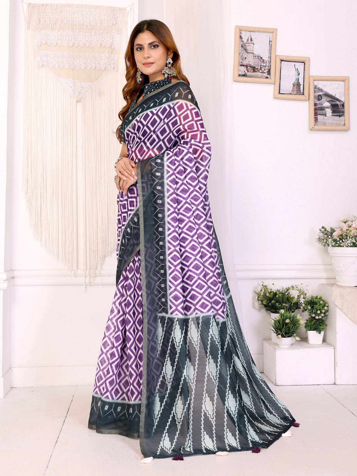 Purple Geometric Chanderi Cotton Saree with Contrast Border for Women