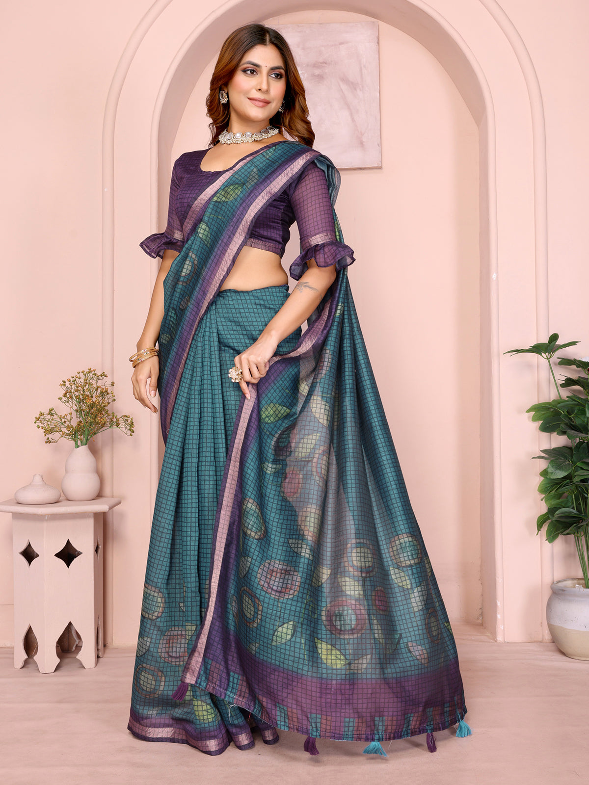 Black Chanderi Cotton Saree with Contemporary Checked Weave for Women