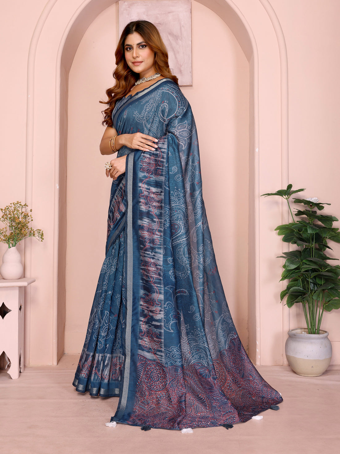 Indigo Chanderi Cotton Saree with Paisley Print & Border for Women