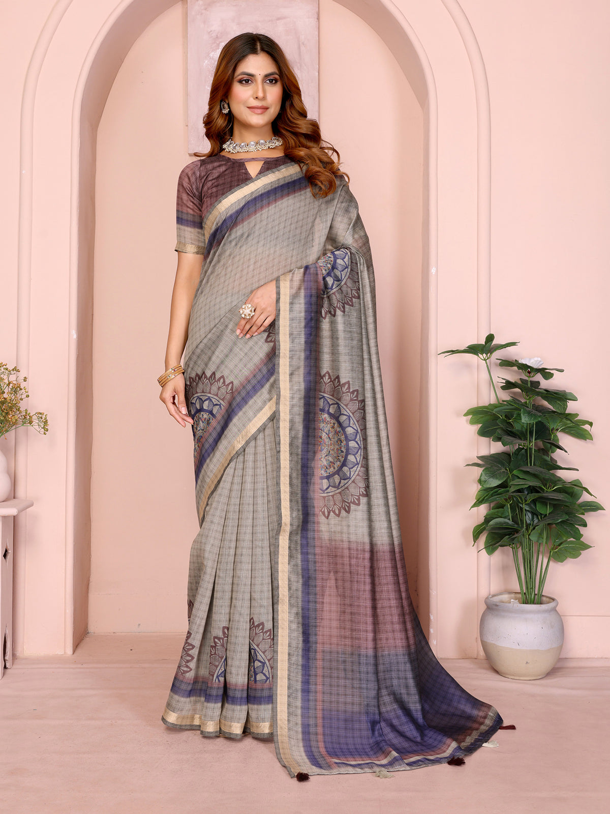 Taupe Chanderi Cotton Saree with Botanical Border Detailing for Women