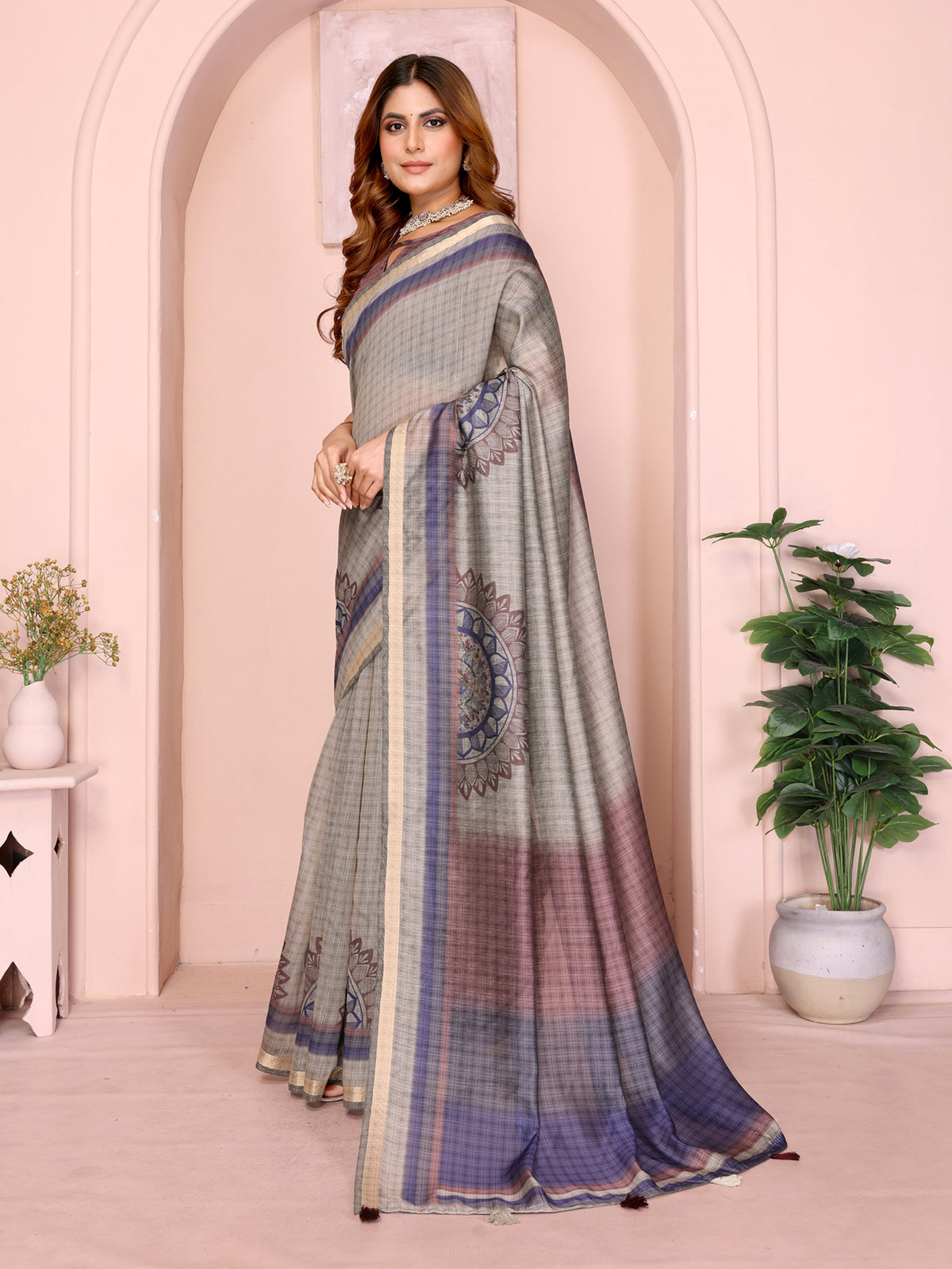 Taupe Chanderi Cotton Saree with Botanical Border Detailing for Women