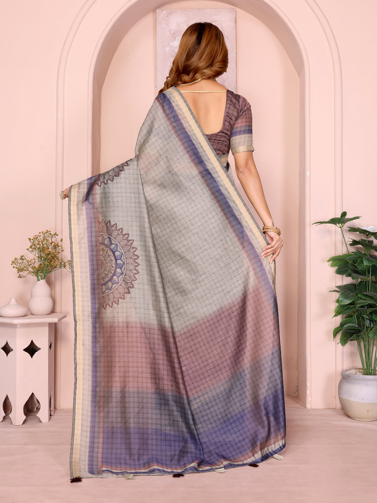 Taupe Chanderi Cotton Saree with Botanical Border Detailing for Women