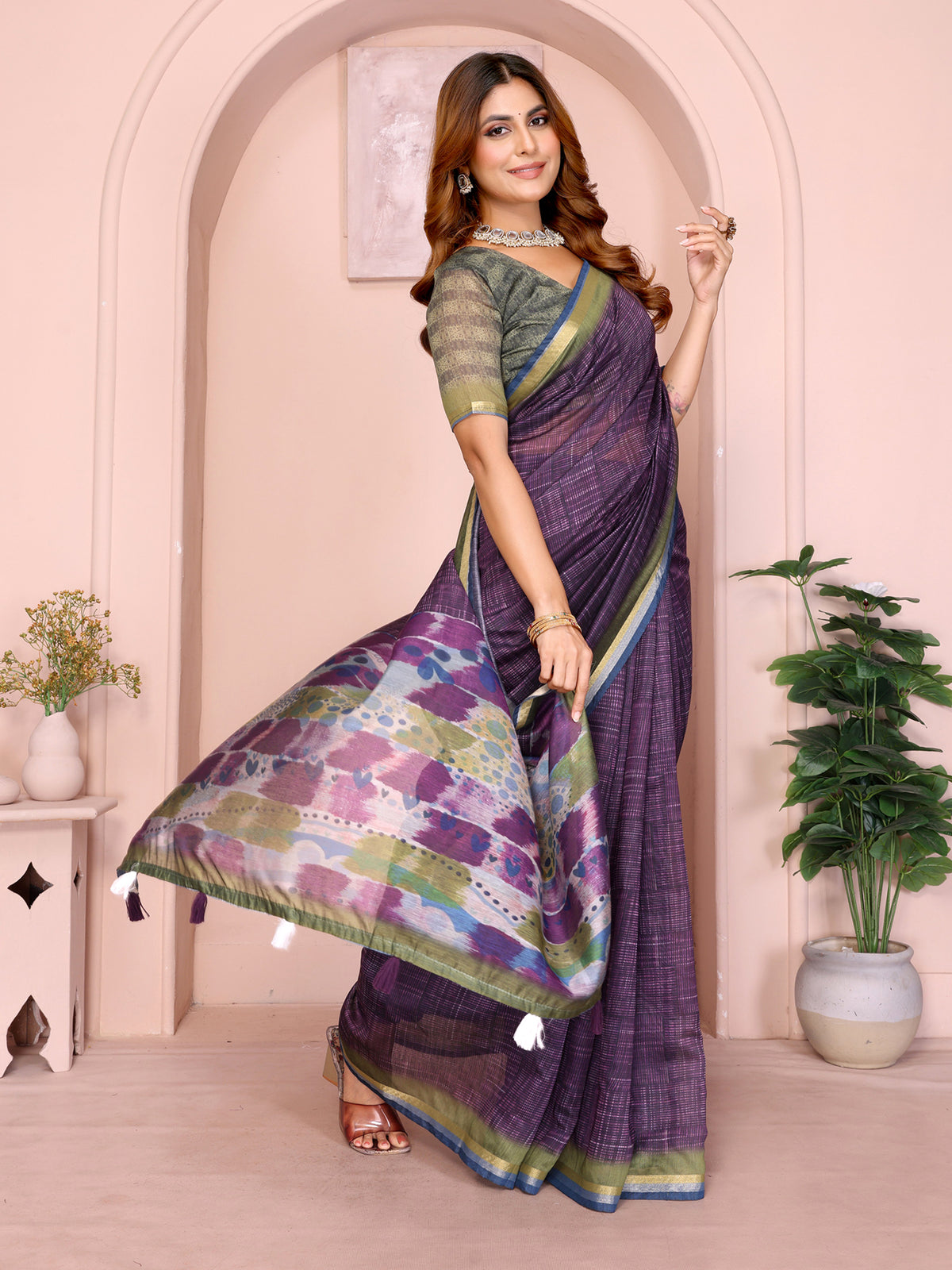 Purple Chanderi Cotton Saree with Printed Pallu and Borders for Women