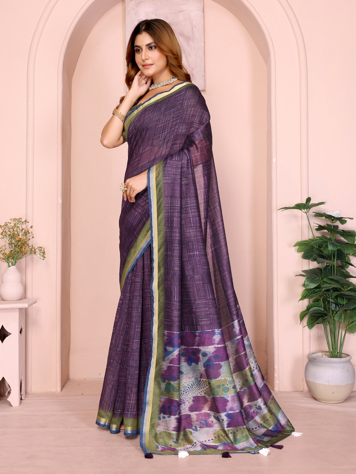 Purple Chanderi Cotton Saree with Printed Pallu and Borders for Women