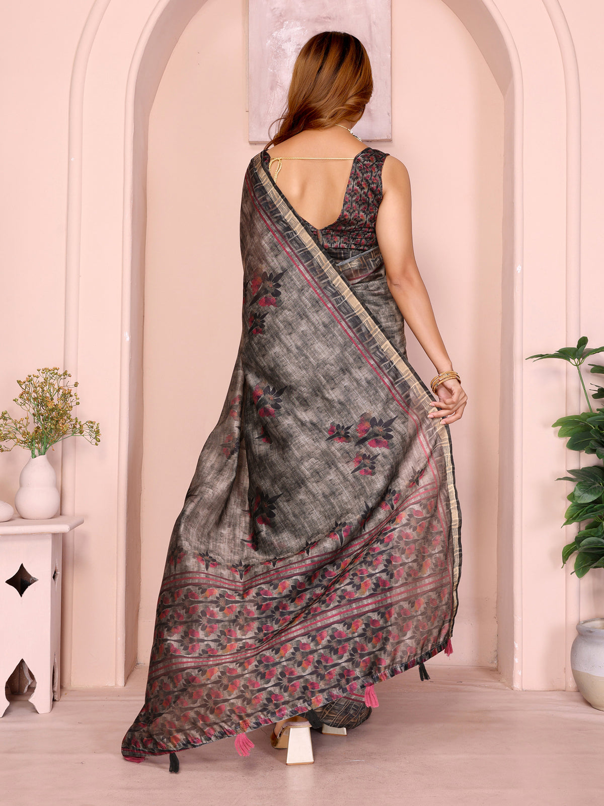Charcoal Chanderi Cotton Saree with Maroon Floral Detailing for Women