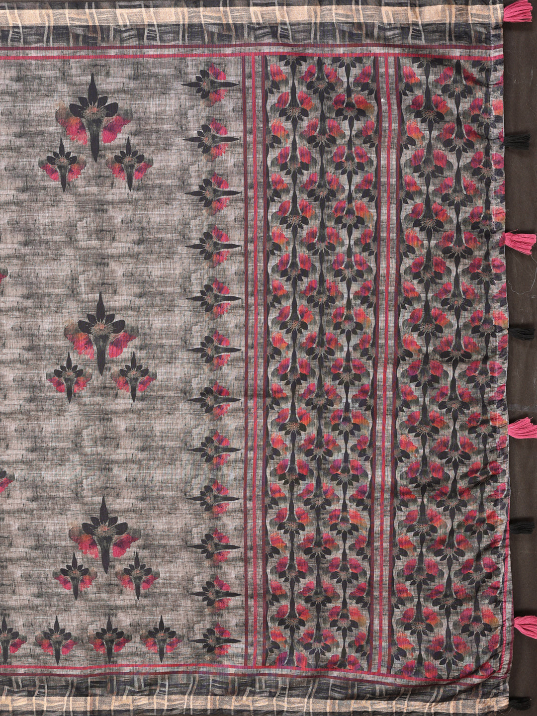Charcoal Chanderi Cotton Saree with Maroon Floral Detailing for Women