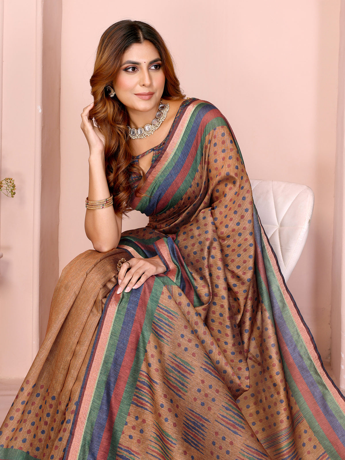 Mustard Brown Chanderi Cotton Saree with Polka Print Border for Women