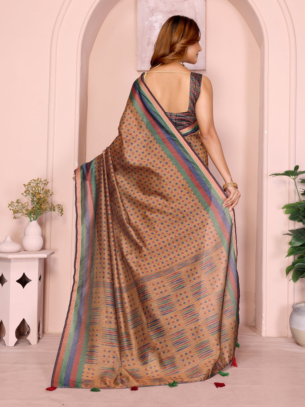 Mustard Brown Chanderi Cotton Saree with Polka Print Border for Women