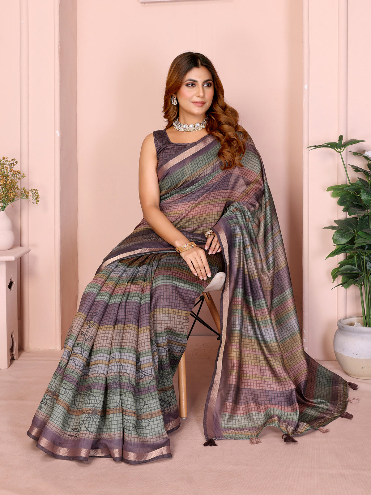 Pastel Checkered Chanderi Cotton Saree with Soft Border for Women