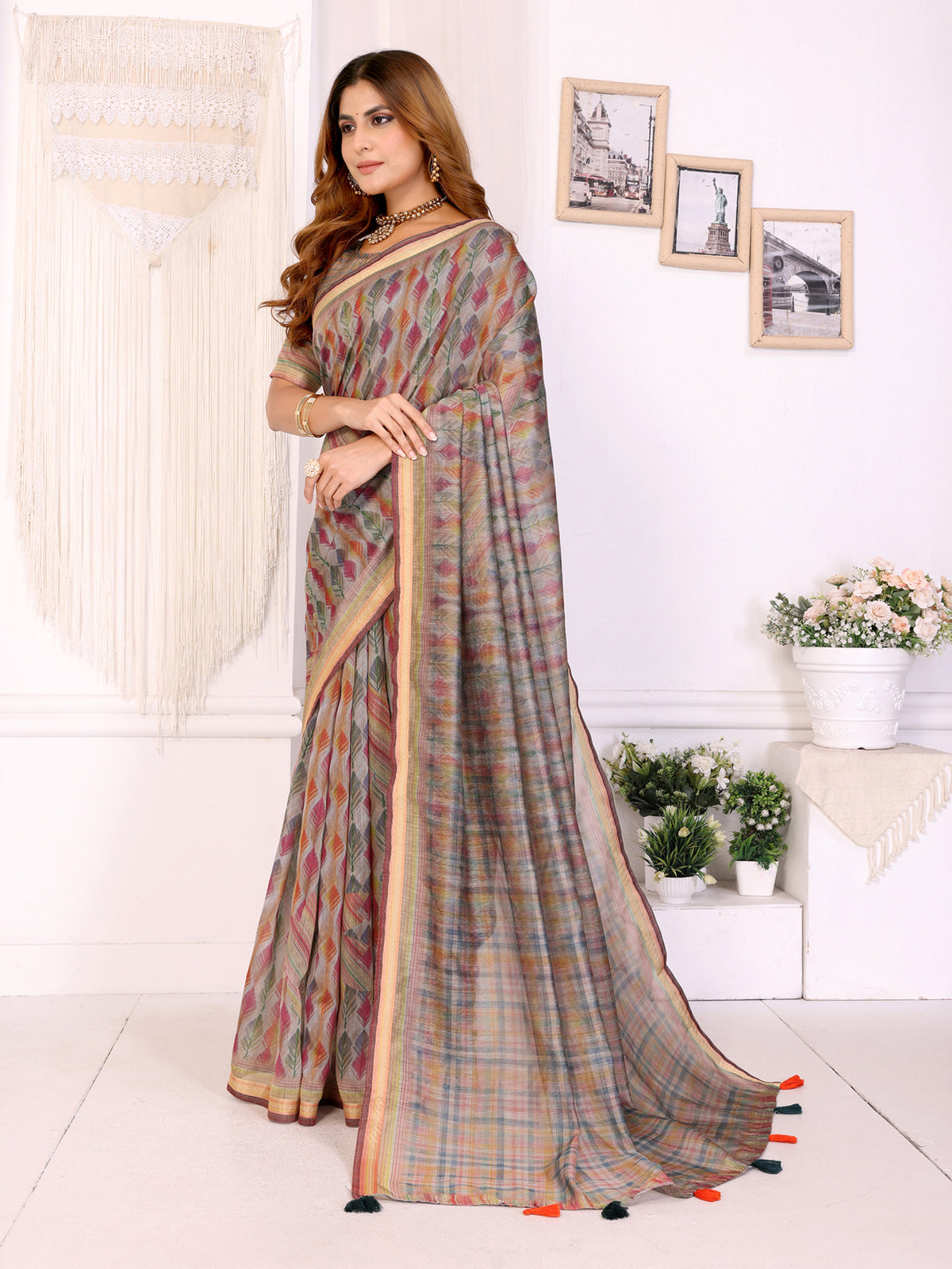 Multicolor Chanderi Cotton Saree with Artistic Leaf Pattern for Women