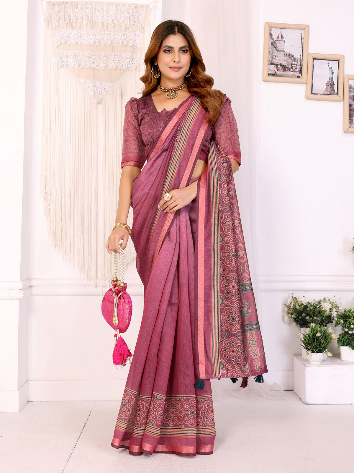 Wine Pink Printed Chanderi Cotton Saree with Elegant Border for Women