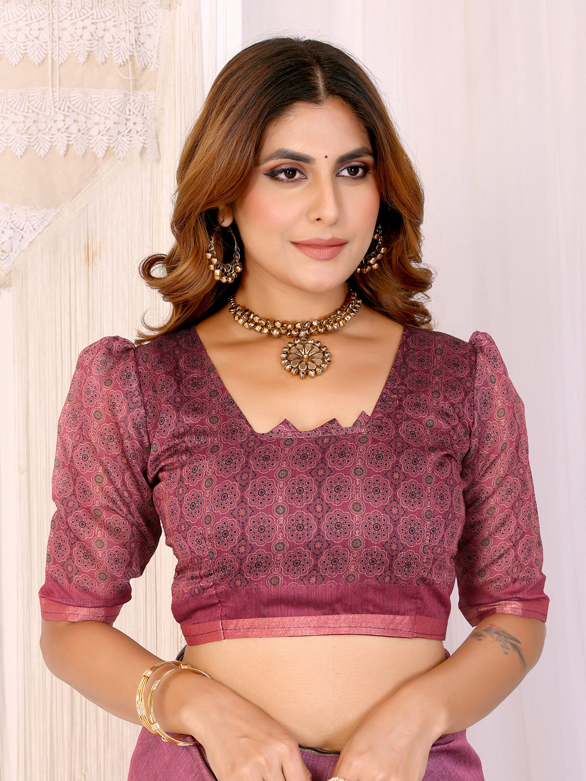 Wine Pink Printed Chanderi Cotton Saree with Elegant Border for Women